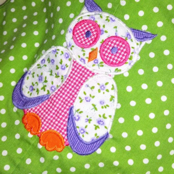 "OWL" Love It for SPRING!!  AJ Childrenswear Applique Owl Ruffled Bubble, 6m - Picture 2 of 7
